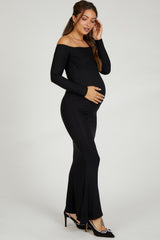 Black Ribbed Off Shoulder Long Sleeve Maternity Maxi Dress