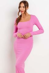 Pink Ribbed Long Sleeve Square Neck Maxi Dress