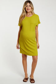 Lime Ribbed Front Pocket Dolman Short Sleeve Maternity Dress