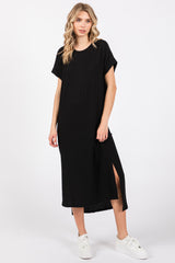 Black Ribbed Short Sleeve Maternity Midi Dress