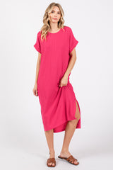 Fuchsia Ribbed Short Sleeve Maternity Midi Dress