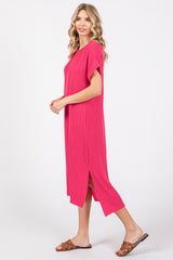 Fuchsia Ribbed Short Sleeve Midi Dress