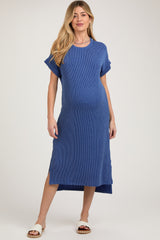 Blue Ribbed Short Sleeve Maternity Midi Dress