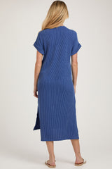 Blue Ribbed Short Sleeve Maternity Midi Dress