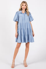 Light Blue Puff Sleeve Maternity Mini Shirt Dress