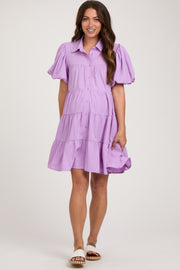 Lavender Puff Sleeve Maternity Mini Shirt Dress