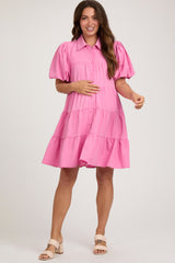 Pink Puff Sleeve Maternity Mini Shirt Dress