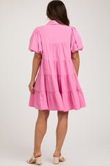 Pink Puff Sleeve Maternity Mini Shirt Dress