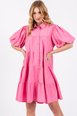 Pink Puff Sleeve Mini Shirt Dress