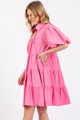 Pink Puff Sleeve Mini Shirt Dress