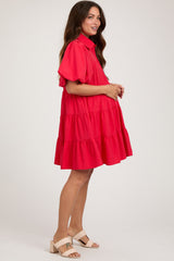 Coral Red Puff Sleeve Maternity Mini Shirt Dress