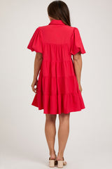 Coral Red Puff Sleeve Maternity Mini Shirt Dress