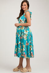 Turquoise Sleeveless Floral Tiered Maternity Midi Dress