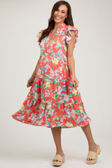 Orange Floral Ruffle Tiered Maternity Dress