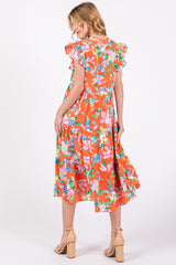 Orange Floral Ruffle Tiered Dress