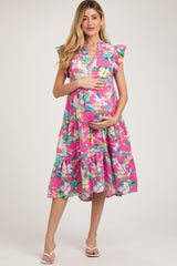 Fuchsia Floral Ruffle Tiered Maternity Dress