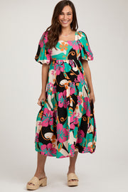 Black Floral Tiered Puff Sleeve Maternity Midi Dress