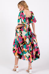 Black Floral Tiered Puff Sleeve Midi Dress