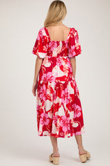 Red Floral Tiered Puff Sleeve Maternity Midi Dress