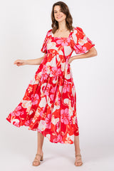 Red Floral Tiered Puff Sleeve Midi Dress