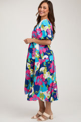 Royal Floral Tiered Puff Sleeve Maternity Midi Dress