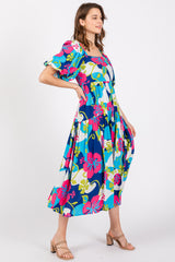 Royal Floral Tiered Puff Sleeve Midi Dress