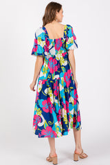 Royal Floral Tiered Puff Sleeve Midi Dress