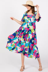 Royal Floral Tiered Puff Sleeve Maternity Midi Dress