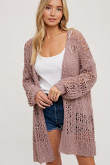 Mauve Open Knit Long Cardigan