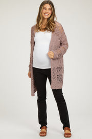 Mauve Open Knit Long Maternity Cardigan