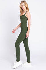 Olive Ribbed Sleeveless Jumpsuit