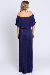 Navy Pleated Ruffle Off Shoulder Maxi Dress