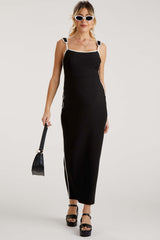 Black Leather Trim Back Slit Maternity Maxi Dress