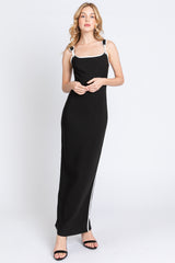 Black Leather Trim Back Slit Maxi Dress