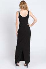 Black Leather Trim Back Slit Maxi Dress