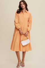 Peach Tiered Collared Midi Dress