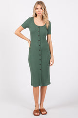 Light Olive Ribbed Front Button Accent Short Sleeve Midi Dress