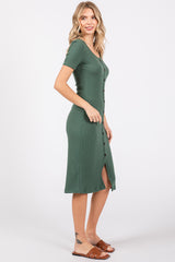 Light Olive Ribbed Front Button Accent Short Sleeve Midi Dress