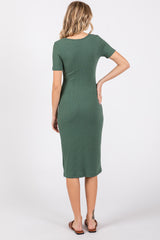 Light Olive Ribbed Front Button Accent Short Sleeve Midi Dress