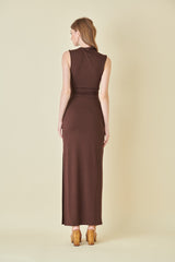 Brown Asymmetrical Neck Side Slit Maxi Dress