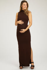 Brown Asymmetrical Neck Side Slit Maternity Maxi Dress