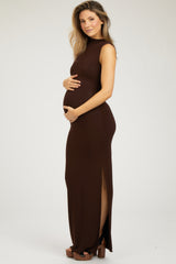 Brown Asymmetrical Neck Side Slit Maternity Maxi Dress