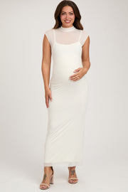 Ivory Mock Neck Sleeveless Mesh Maternity Midi Dress