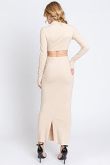 Beige Mock Neck Long Sleeve Crop Midi Skirt Set