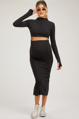 Black Mock Neck Long Sleeve Crop Maternity Midi Skirt Set