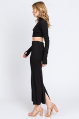 Black Mock Neck Long Sleeve Crop Midi Skirt Set