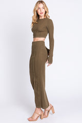 Olive Exposed Seams Top and Skirt Set