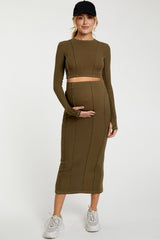 Olive Exposed Seams Top and Skirt Maternity Set