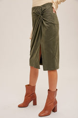 Olive Twist Detailed Suede Midi Skirt