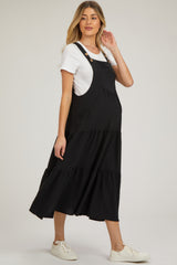 Black Button Sling Tiered Maternity Midi Dress